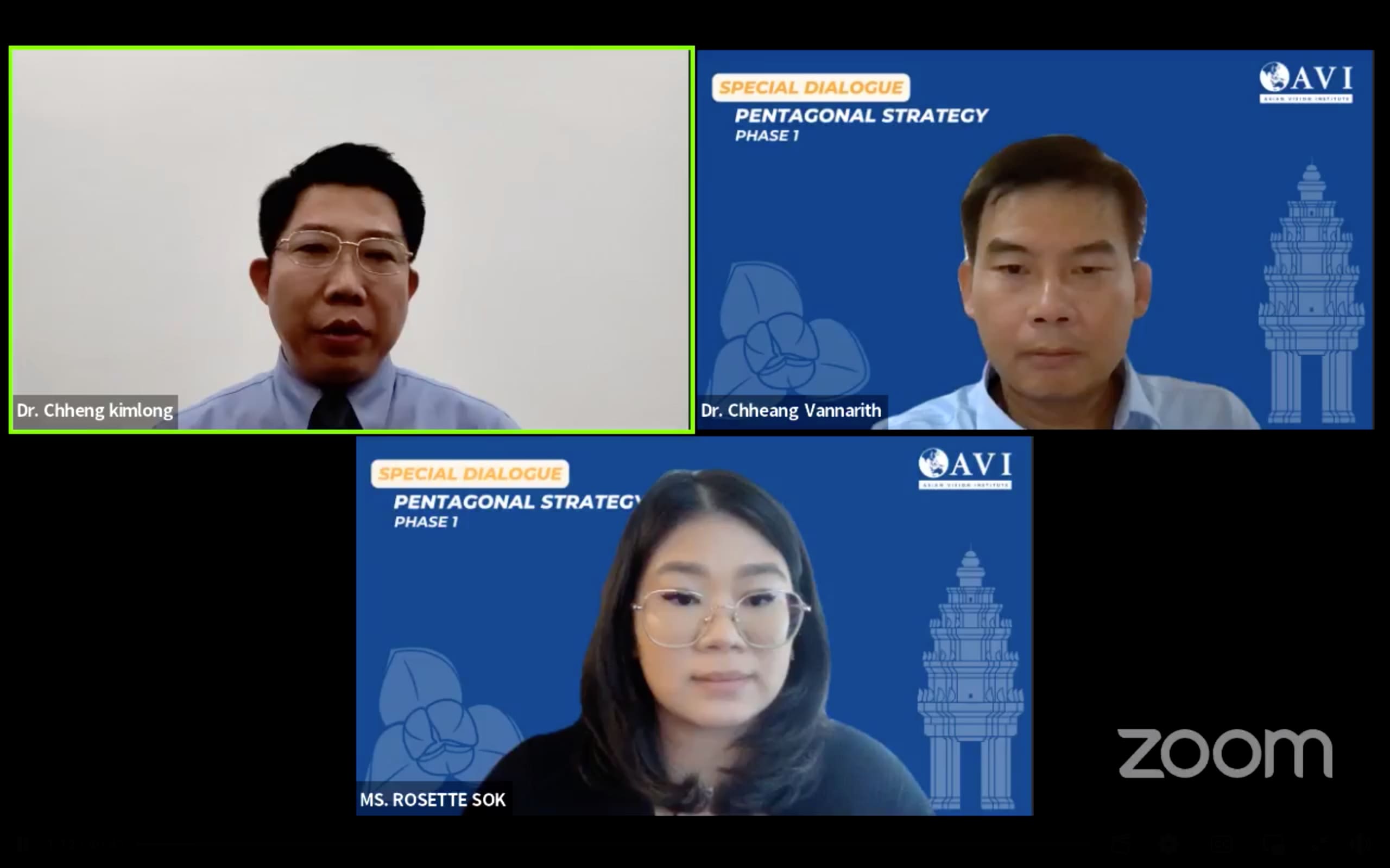 Screenshot of the online seminar organised by the Asian Vision Institute (AVI) on the Pentagonal Strategy - Phase 1