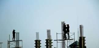 Workers working on apartment construction in Phnom Penh, Cambodia