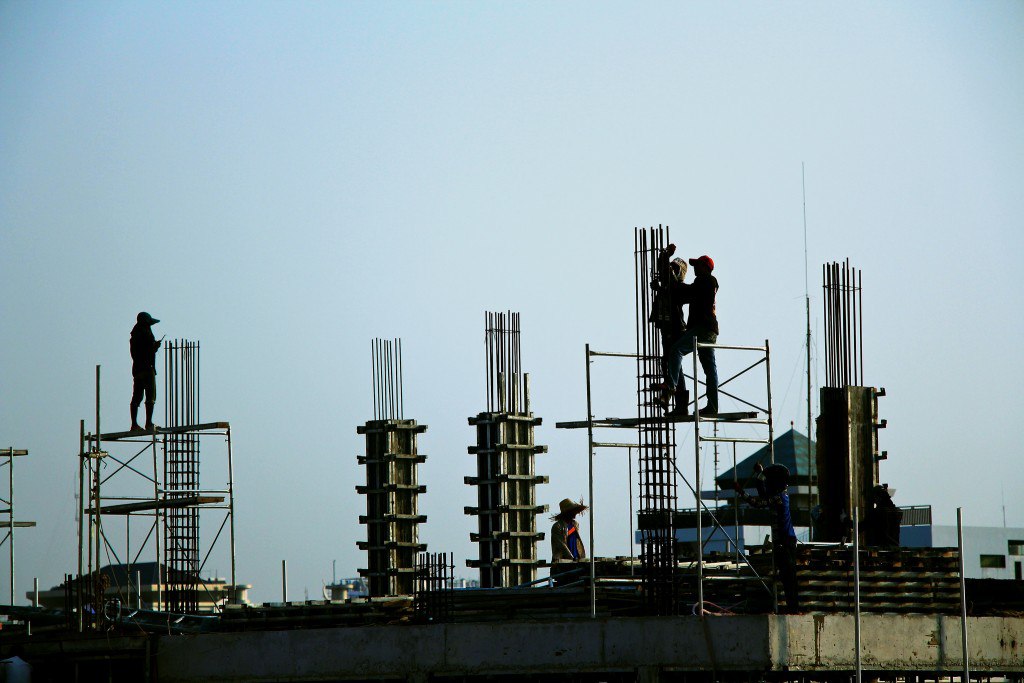 Workers working on apartment construction in Phnom Penh, Cambodia