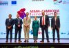 Minister of Commerce stands with British Ambassador, EuroCham Chairman and other distinguished guests at ASEAN-Cambodia Business Summit 2023