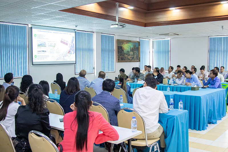 AmCham business delegation listening to a presentation on the Sihanoukville Autonomous Port.