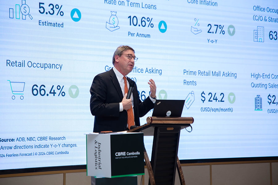 Marc Townsend, Chairman of CBRE Cambodia, speaking at CBRE's 'Fearless Forecast' 2024