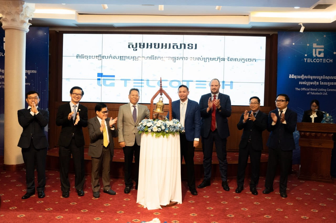 Telcotech Ltd launched its second official USD $20 million bond on the Cambodia Securities Exchange (CSX) on January 19, 2024 - members of CSX, SERC and Telcotech (royal group) clap after the bond is officially listed